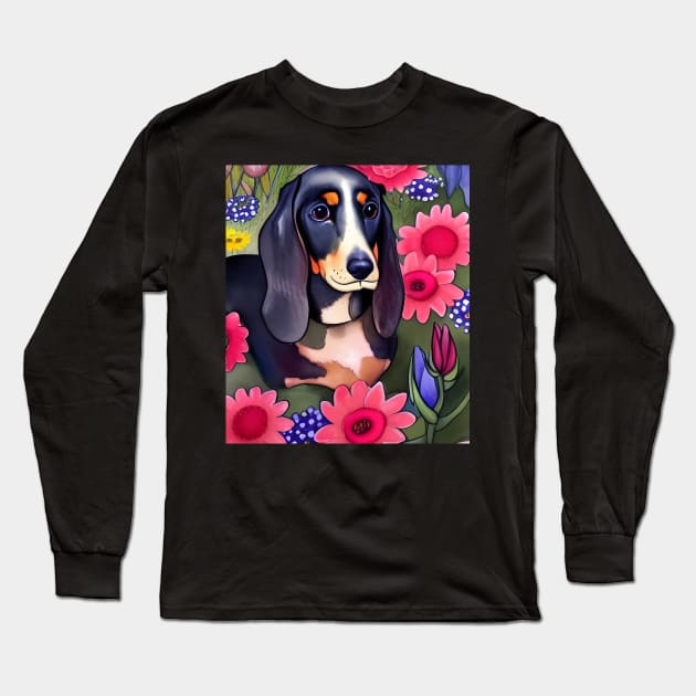 Basset Hound Dachshund Mix Basschshund Dog Puppy Whimsical Portrait Hiding in Wildflowers Secret Garden Digital Art Watercolor Painting Long Sleeve T-Shirt by joannejgg